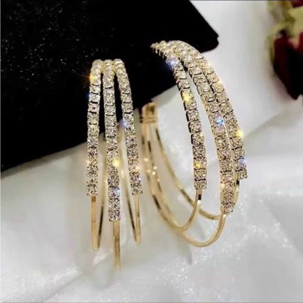 Triple Stacked Hoop Earrings 2” Gold CZ NEW AP26 JN04